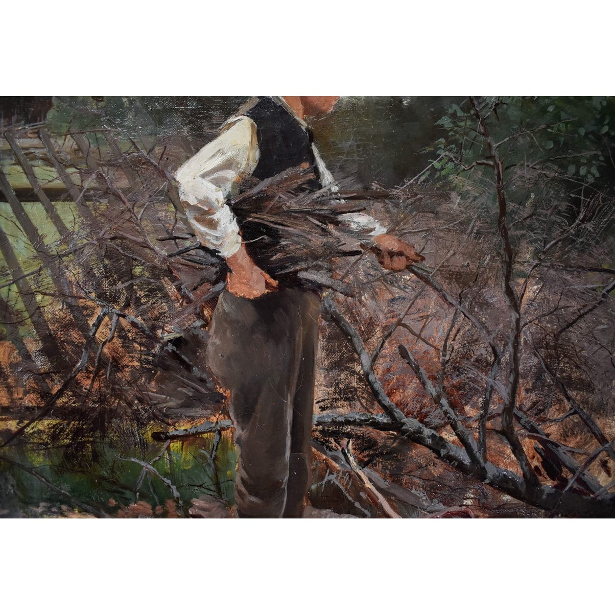 Oil painting by Elisabeth Warling titled 'Boy Gathering Wood' (c. 1890), depicting a barefoot boy collecting branches in a rustic Swedish landscape, naturalistic style, earthy tones, signed lower left.