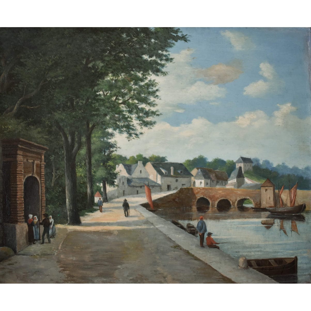 French School 19th century original oil painting riverside village scene with bridge boats figures period artwork