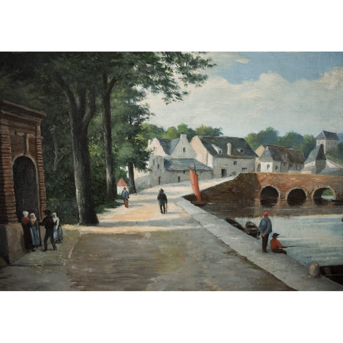 French School 19th century original oil painting riverside village scene with bridge boats figures period artwork