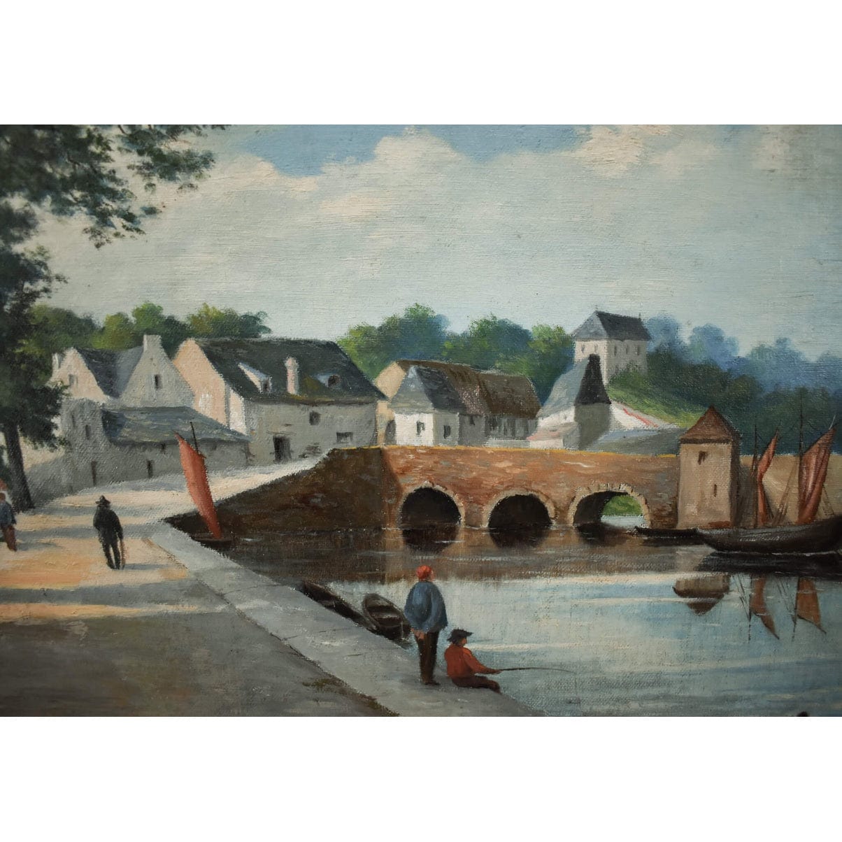 French School 19th century original oil painting riverside village scene with bridge boats figures period artwork