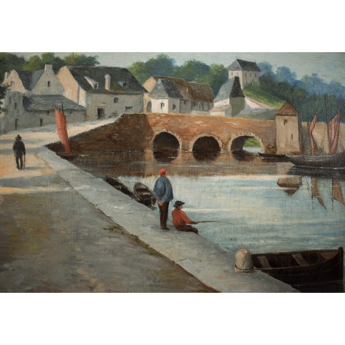 French School 19th century original oil painting riverside village scene with bridge boats figures period artwork