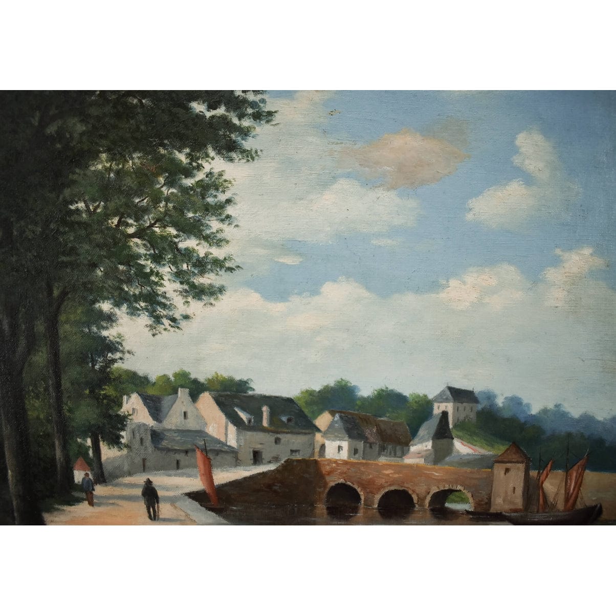 French School 19th century original oil painting riverside village scene with bridge boats figures period artwork