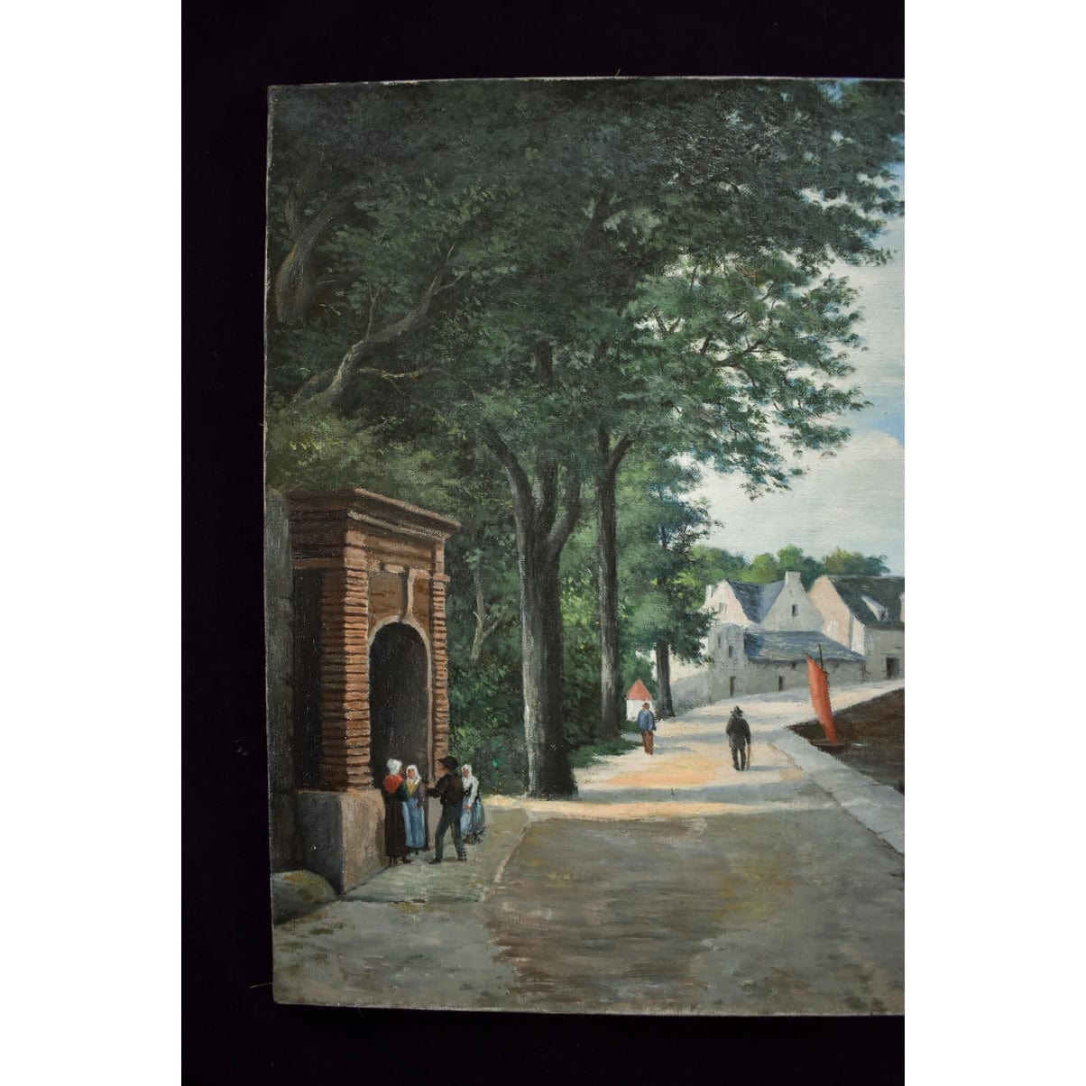 French School 19th century original oil painting riverside village scene with bridge boats figures period artwork