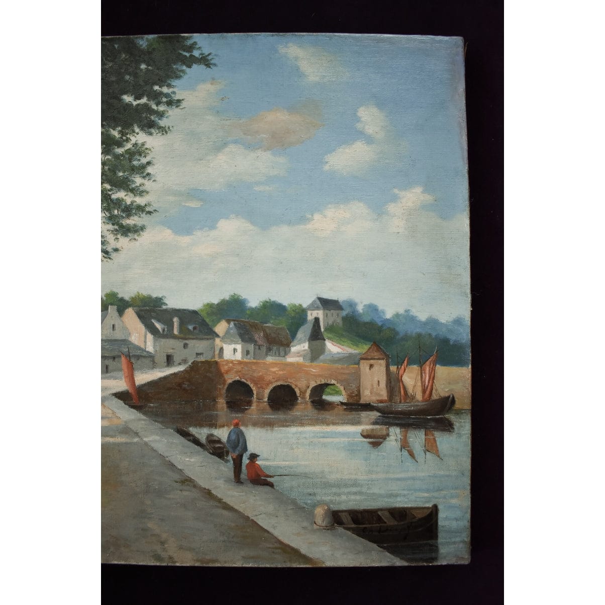 French School 19th century original oil painting riverside village scene with bridge boats figures period artwork