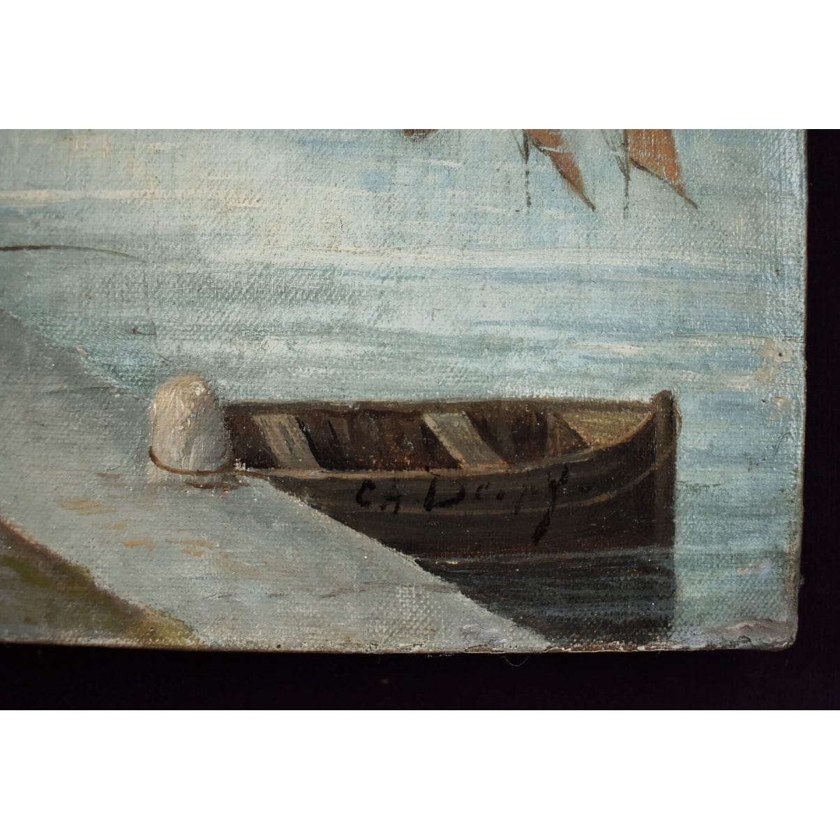 French School 19th century original oil painting riverside village scene with bridge boats figures period artwork