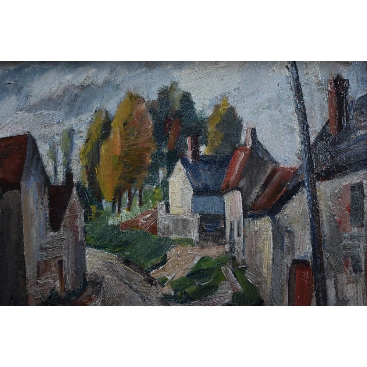 Framed oil painting of a French village scene by M. Davic in Post-Impressionist style, for sale at Winckelmann Gallery.