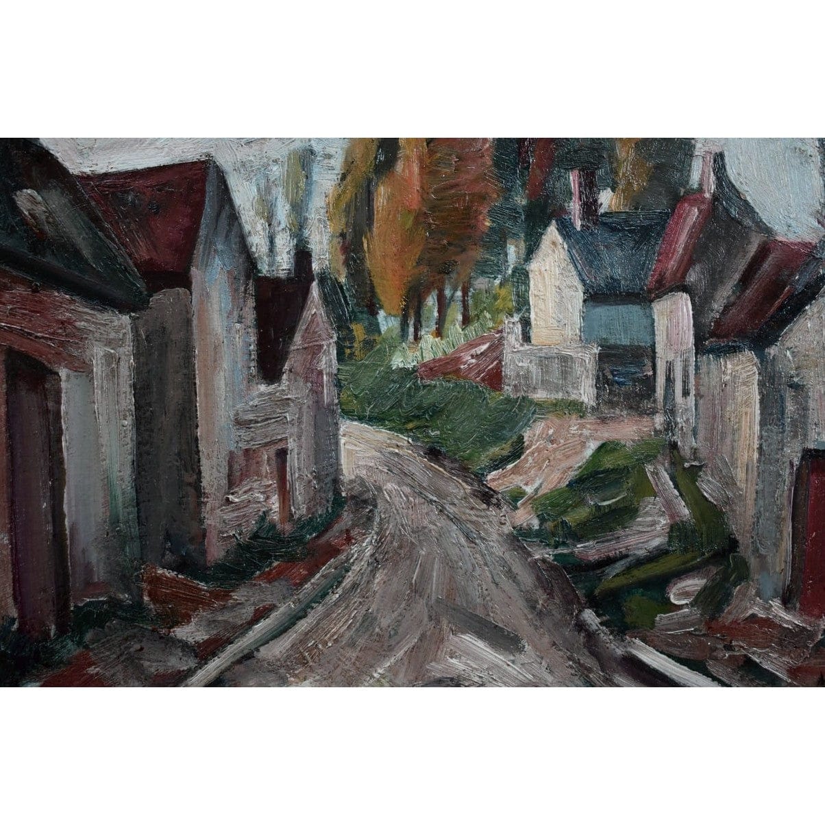 Framed oil painting of a French village scene by M. Davic in Post-Impressionist style, for sale at Winckelmann Gallery.