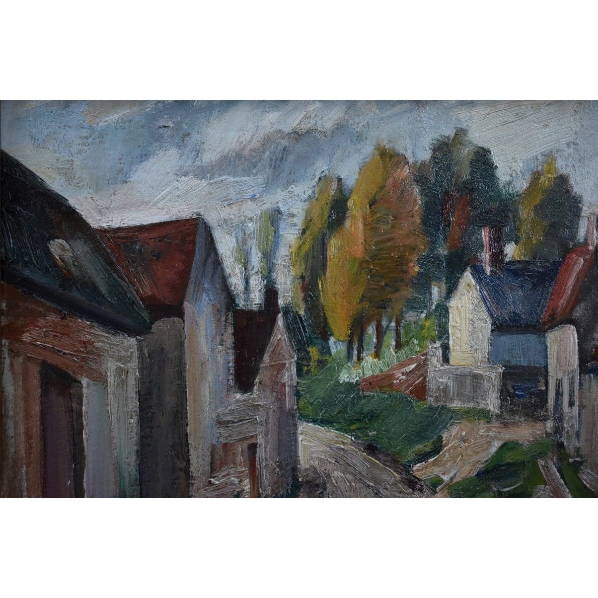 Framed oil painting of a French village scene by M. Davic in Post-Impressionist style, for sale at Winckelmann Gallery.