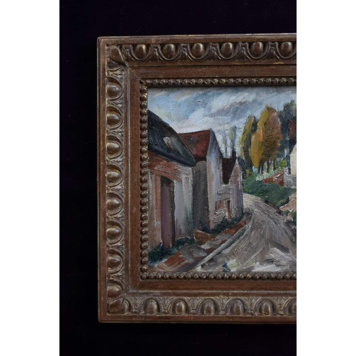 Framed oil painting of a French village scene by M. Davic in Post-Impressionist style, for sale at Winckelmann Gallery.