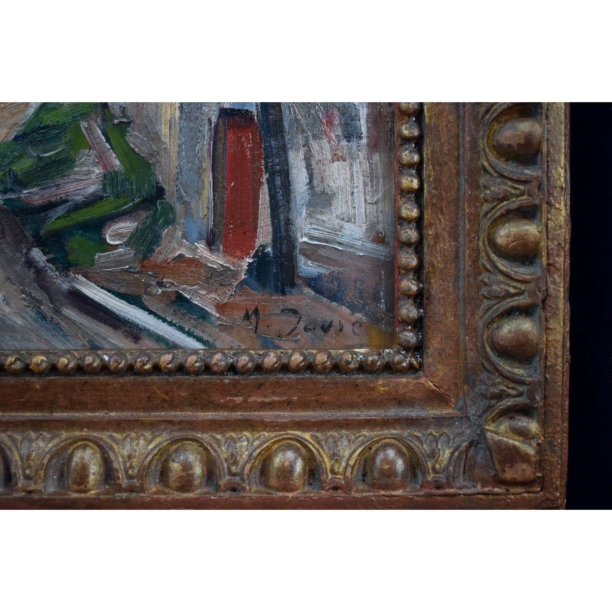 Framed oil painting of a French village scene by M. Davic in Post-Impressionist style, for sale at Winckelmann Gallery.