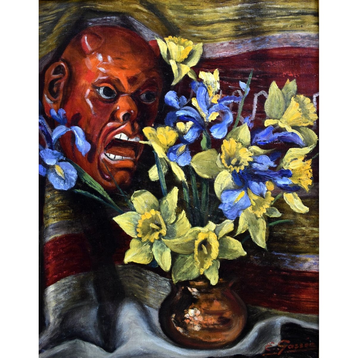 E. Gassée 1950s Belgian oil painting still life with red devil mask, blue irises, yellow daffodils in ornate gold baroque frame