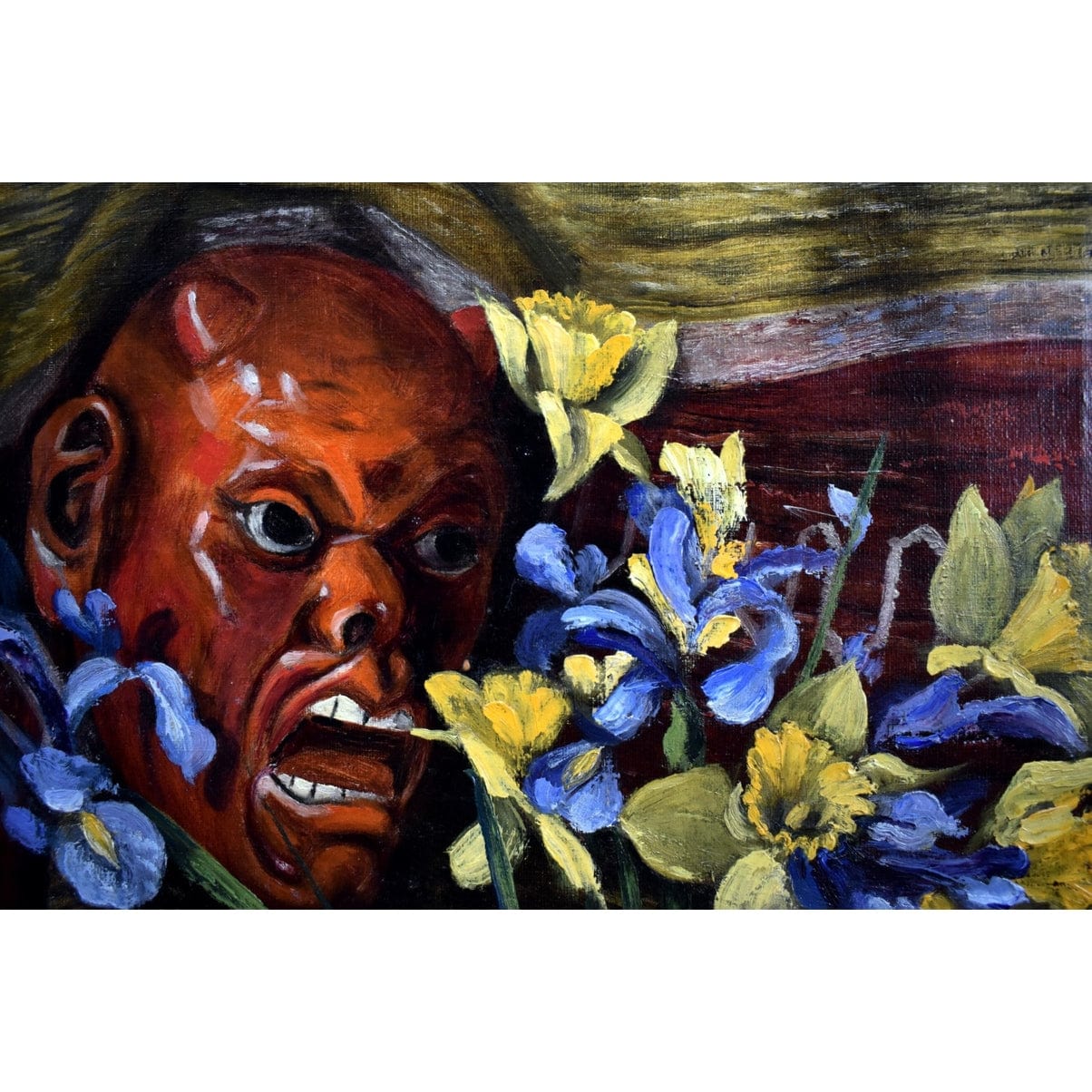 E. Gassée 1950s Belgian oil painting still life with red devil mask, blue irises, yellow daffodils in ornate gold baroque frame