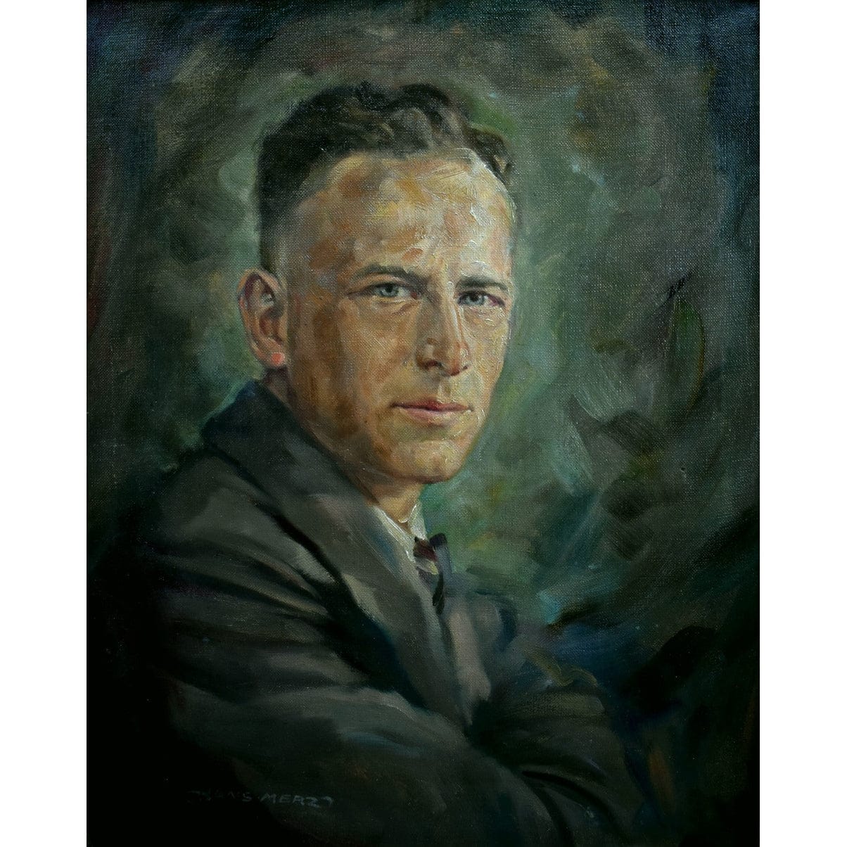 Hans Merz 1940s oil male portrait painting in ornate gold baroque frame, vintage European artwork, original canvas