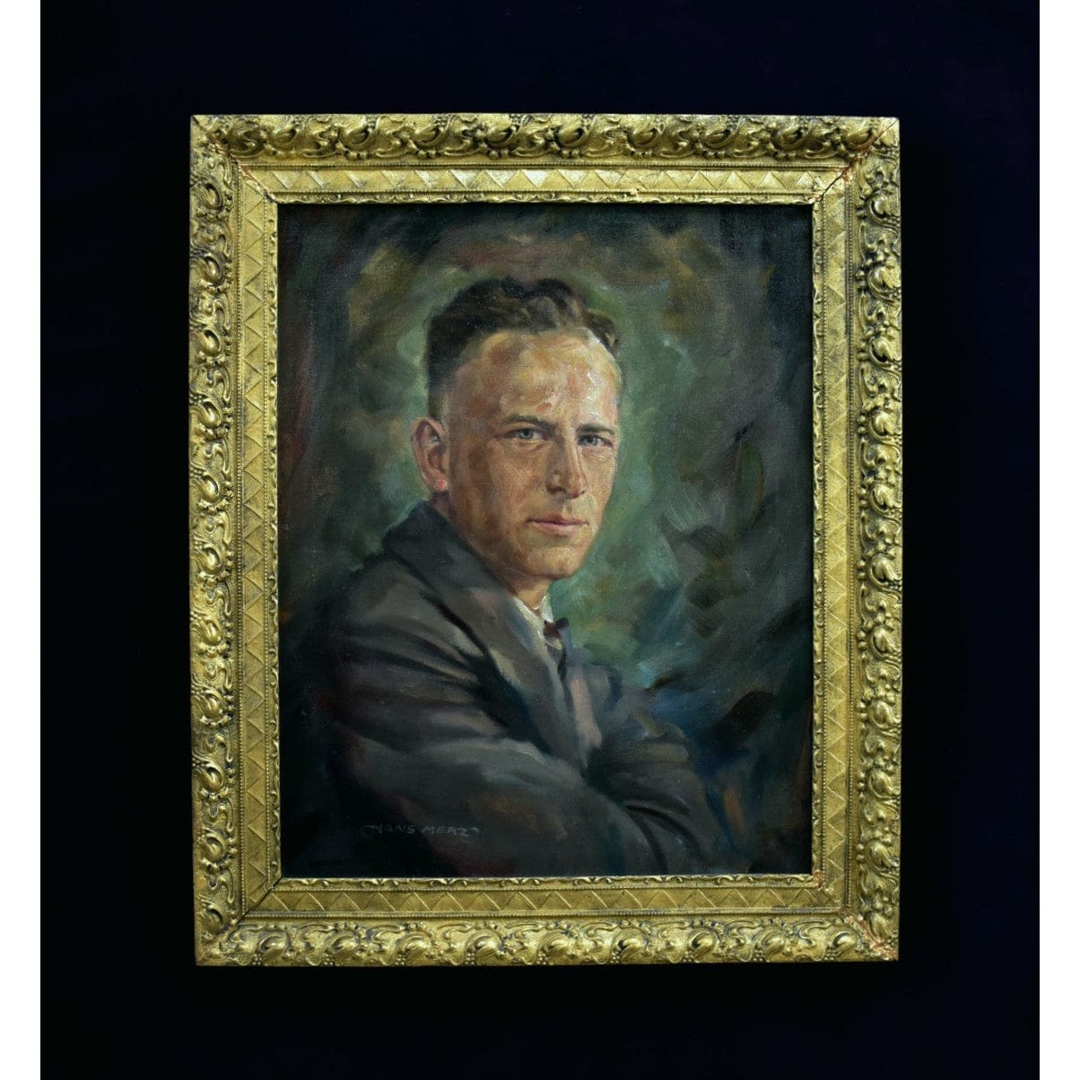 Hans Merz 1940s oil male portrait painting in ornate gold baroque frame, vintage European artwork, original canvas