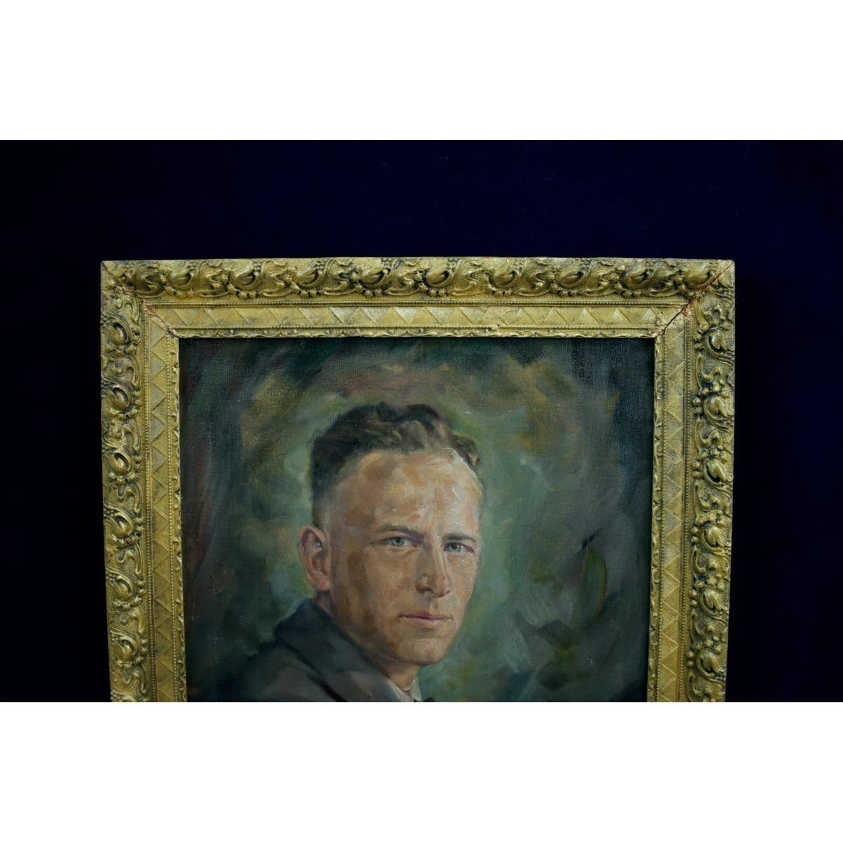 Hans Merz 1940s oil male portrait painting in ornate gold baroque frame, vintage European artwork, original canvas