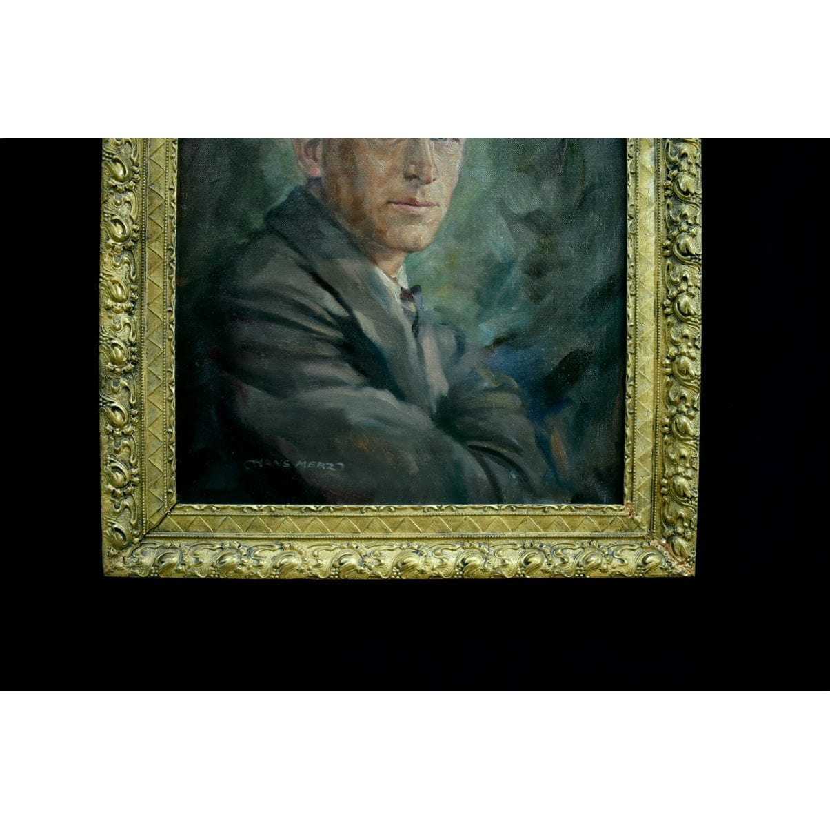 Hans Merz 1940s oil male portrait painting in ornate gold baroque frame, vintage European artwork, original canvas