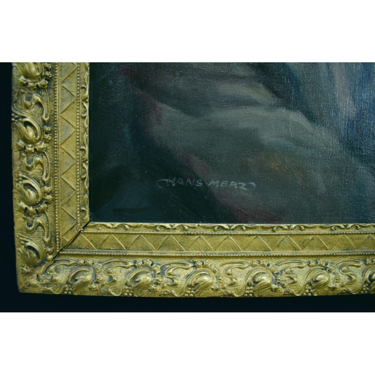 Hans Merz 1940s oil male portrait painting in ornate gold baroque frame, vintage European artwork, original canvas