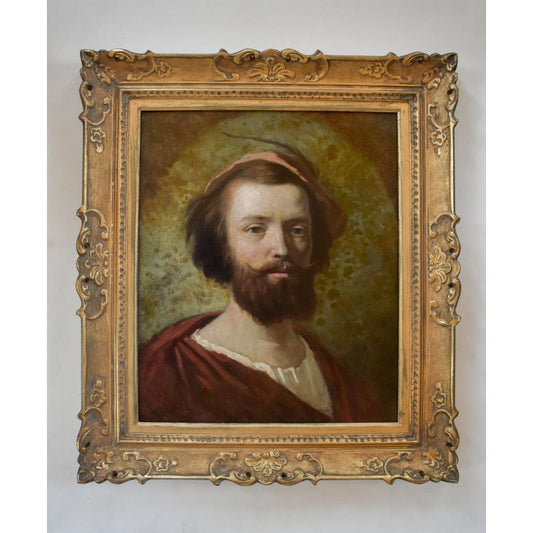 1865 oil painting of a bearded man in medieval attire by Hippolyte Bellangé, signed antique French portrait artwork