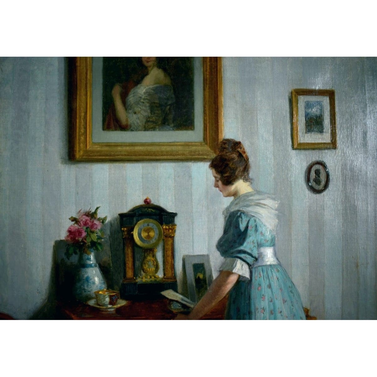 1923 oil painting by Robert Scheffer of woman in blue in Viennese interior, realist style, for sale at Winckelmann Gallery.