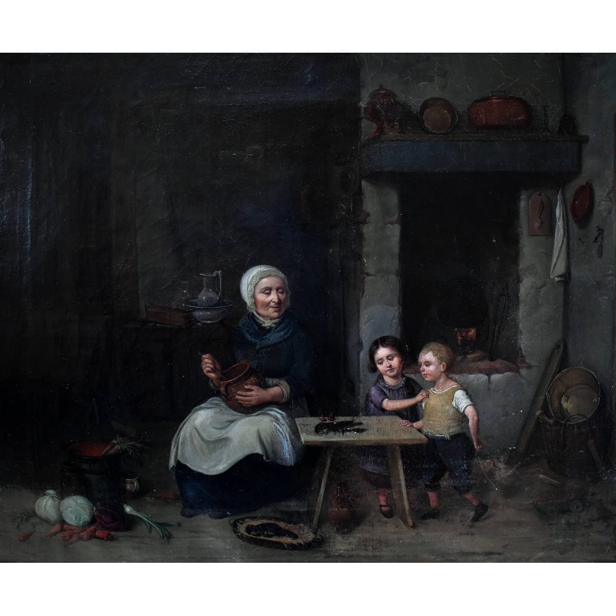 Johan Christoffer Boklund oil painting showing elderly woman with two children in rustic kitchen interior