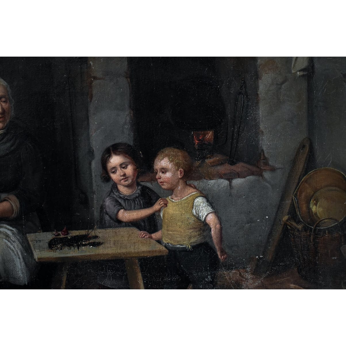 Johan Christoffer Boklund oil painting showing elderly woman in white head covering with two children in rustic kitchen interior, circa 1860, Swedish genre art