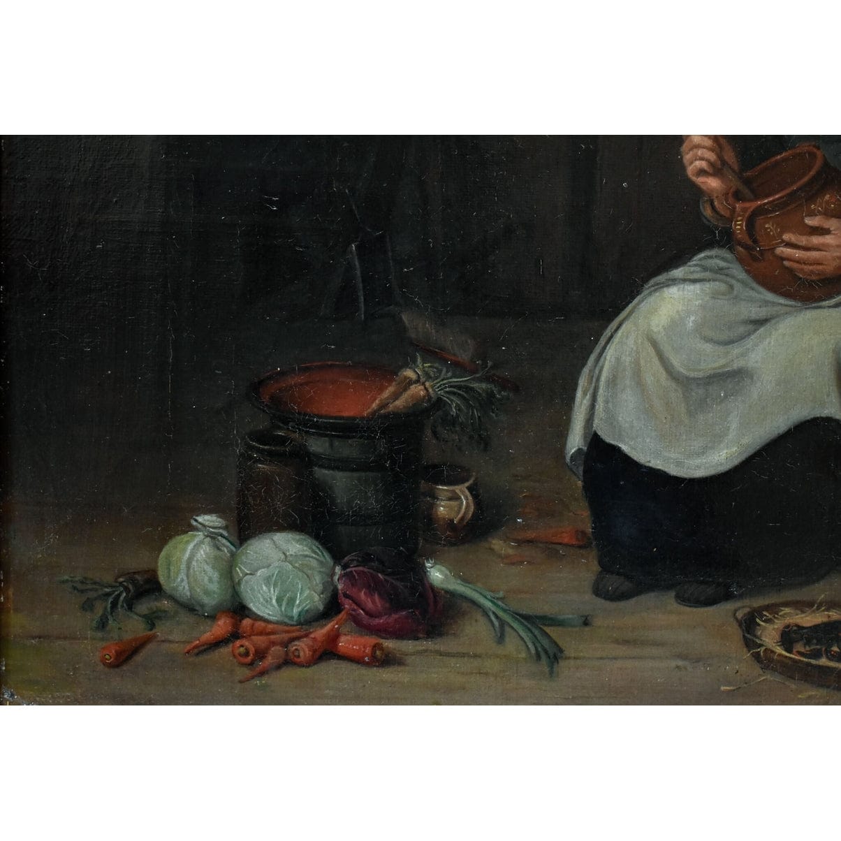 Johan Christoffer Boklund oil painting showing elderly woman in white head covering with two children in rustic kitchen interior, circa 1860, Swedish genre art
