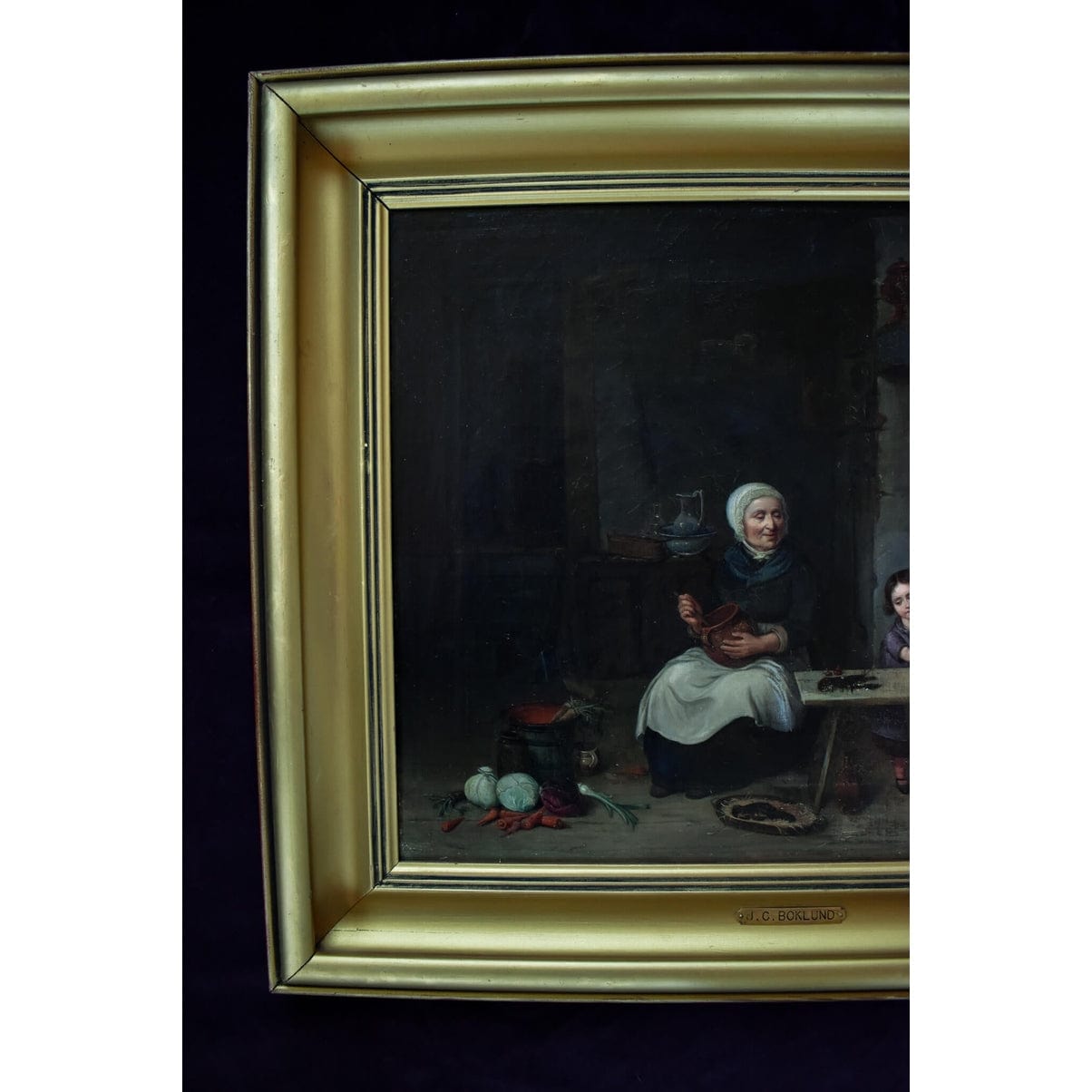 Johan Christoffer Boklund oil painting showing elderly woman in white head covering with two children in rustic kitchen interior, circa 1860, Swedish genre art