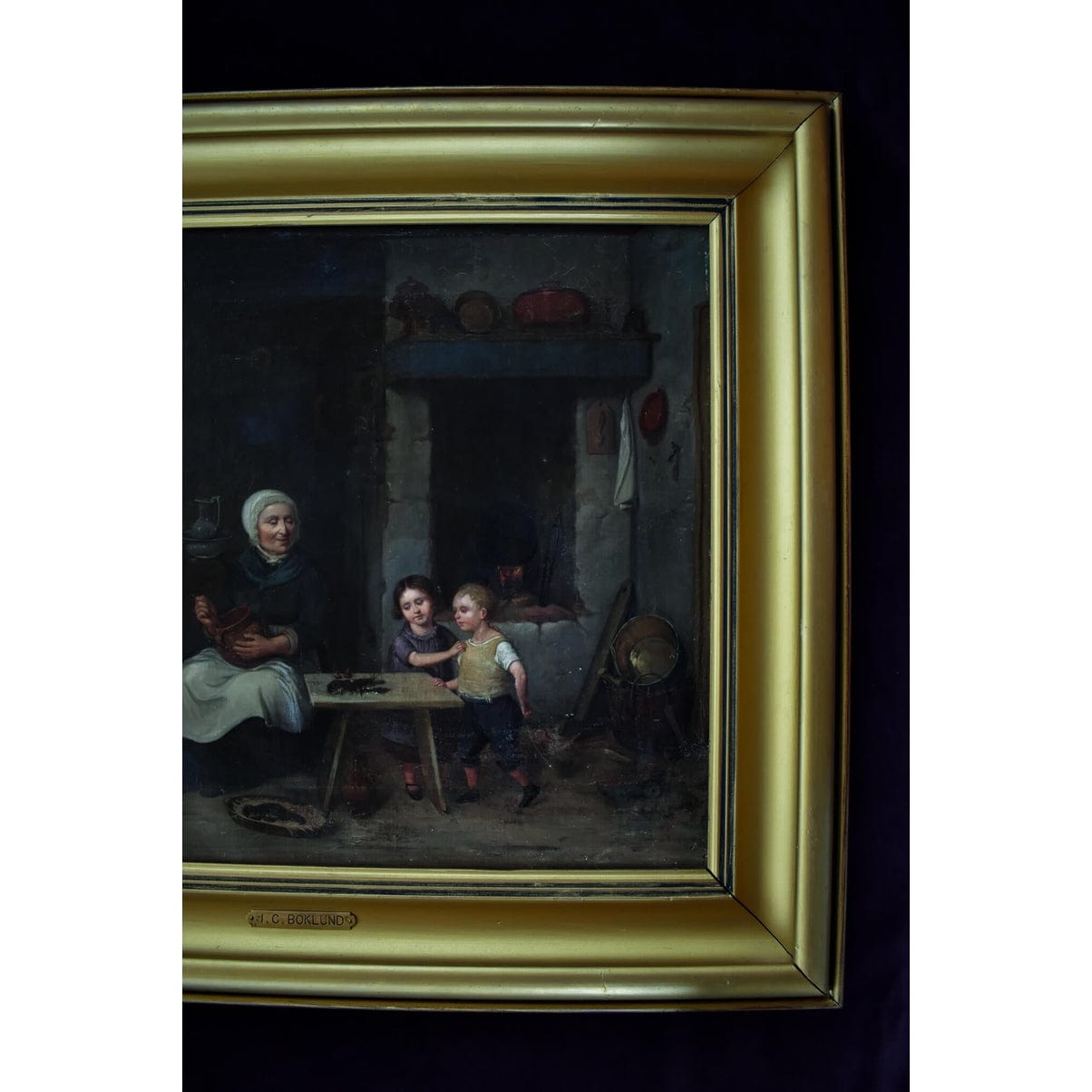 Johan Christoffer Boklund oil painting showing elderly woman in white head covering with two children in rustic kitchen interior, circa 1860, Swedish genre art