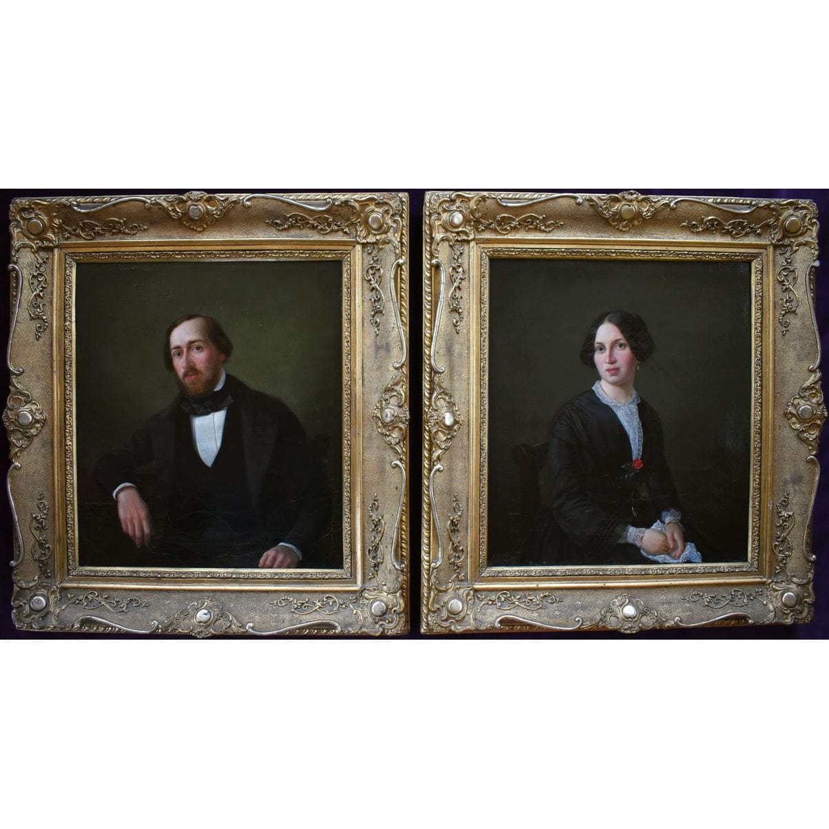 Lorenz Clasen German oil portrait painting 1850s Bloch family Frankfurt bourgeois couple Düsseldorf School Biedermeier portrait