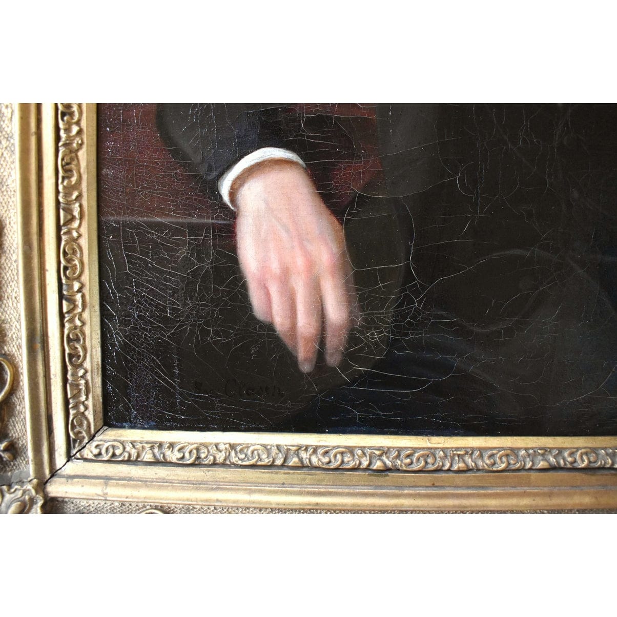Lorenz Clasen signature detail German portrait 1850s original ornate frame Düsseldorf School Biedermeier portrait