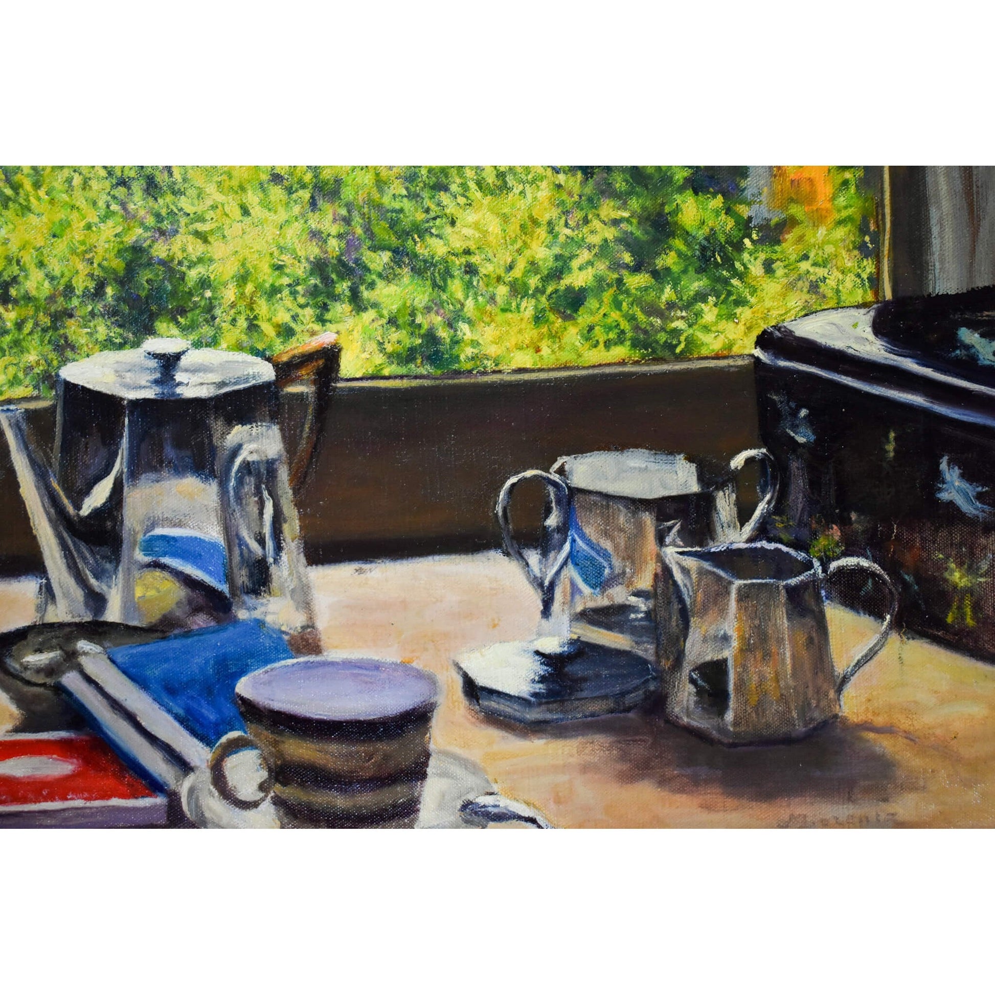 Vintage oil painting still life with a coffee set, made in 1960 by Marguerite Lorentz, for sale at Winckelmann Gallery.