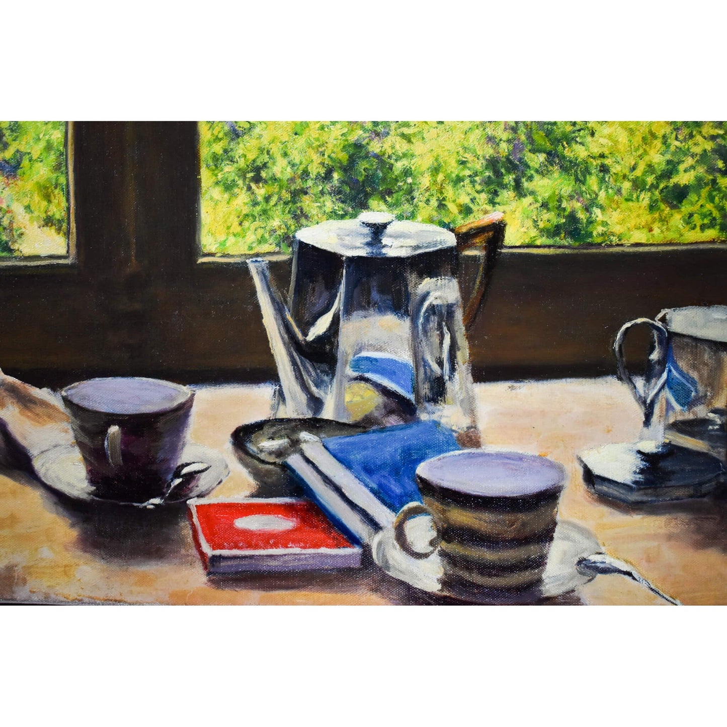 Vintage oil painting still life with a coffee set, made in 1960 by Marguerite Lorentz, for sale at Winckelmann Gallery.