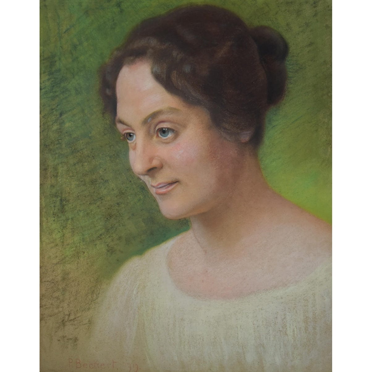 Original 1919 pastel portrait of elegant woman by German artist August Paul Beckert, showcasing masterful technique in realistic portraiture
