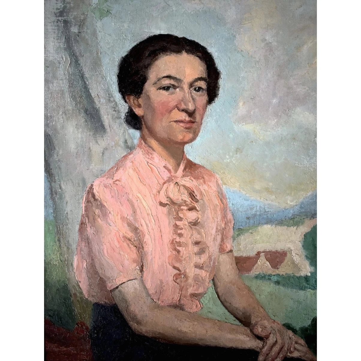 Original oil portrait by French artist Pierre Mazaleyrat (1901-1961) depicting elegant woman in pink blouse, c.1930 with ornate 19th-century gilded frame.