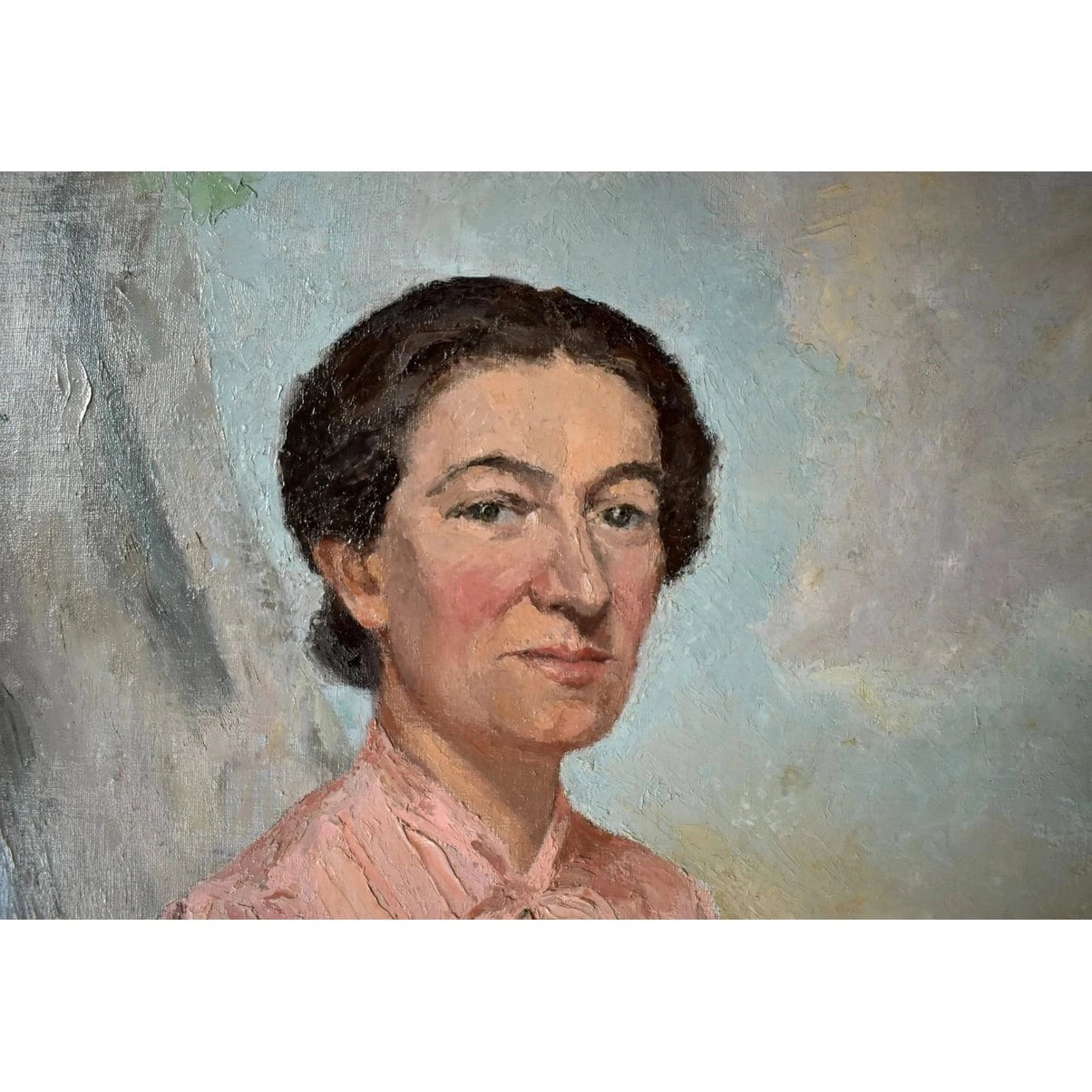 Original oil portrait by French artist Pierre Mazaleyrat (1901-1961) depicting elegant woman in pink blouse, c.1930 with ornate 19th-century gilded frame.