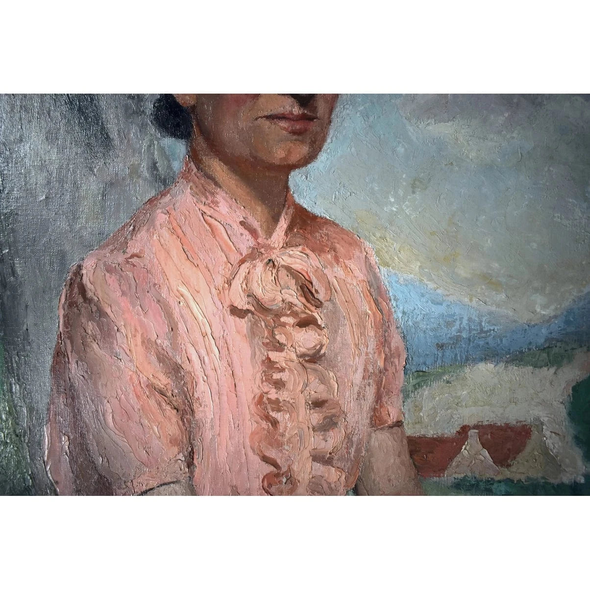 Original oil portrait by French artist Pierre Mazaleyrat (1901-1961) depicting elegant woman in pink blouse, c.1930 with ornate 19th-century gilded frame.