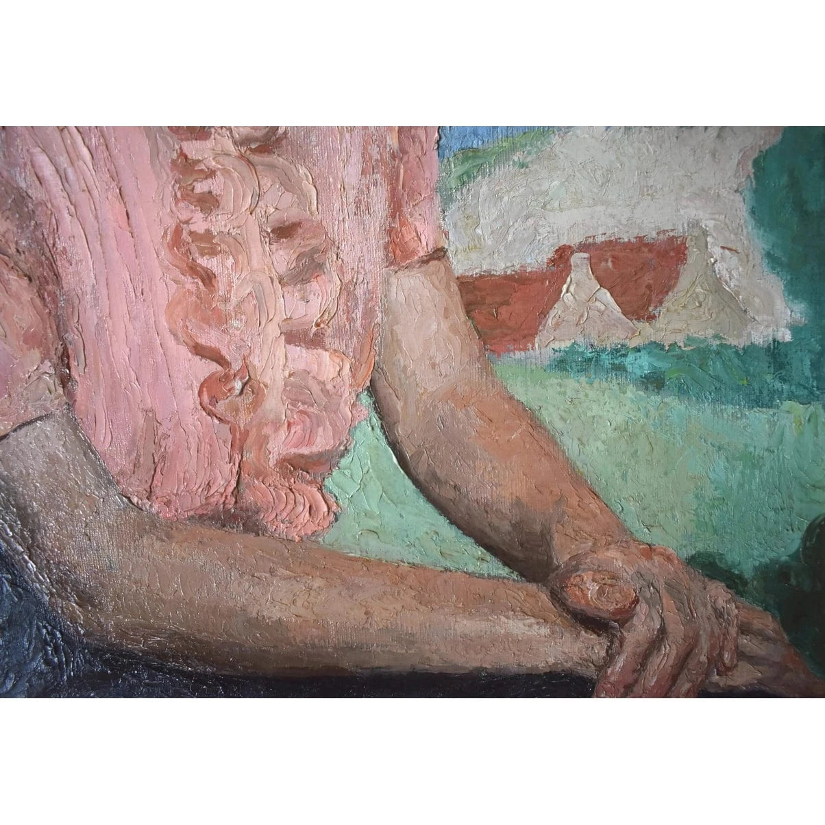 Original oil portrait by French artist Pierre Mazaleyrat (1901-1961) depicting elegant woman in pink blouse, c.1930 with ornate 19th-century gilded frame.