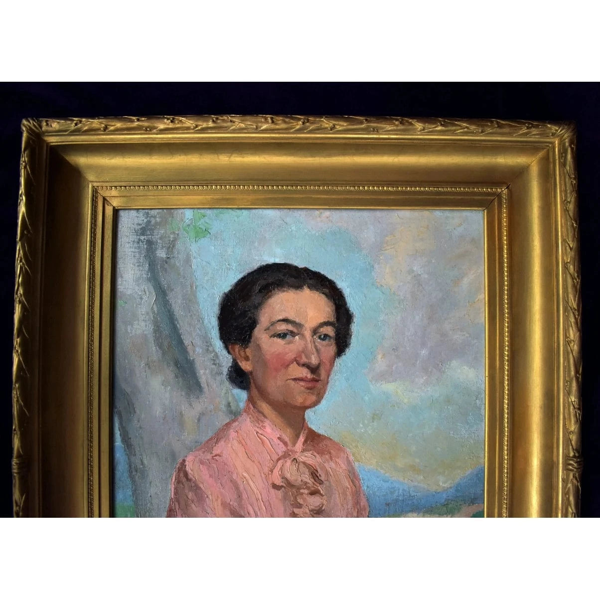 Original oil portrait by French artist Pierre Mazaleyrat (1901-1961) depicting elegant woman in pink blouse, c.1930 with ornate 19th-century gilded frame.