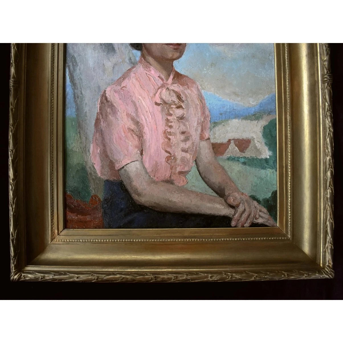 Original oil portrait by French artist Pierre Mazaleyrat (1901-1961) depicting elegant woman in pink blouse, c.1930 with ornate 19th-century gilded frame.