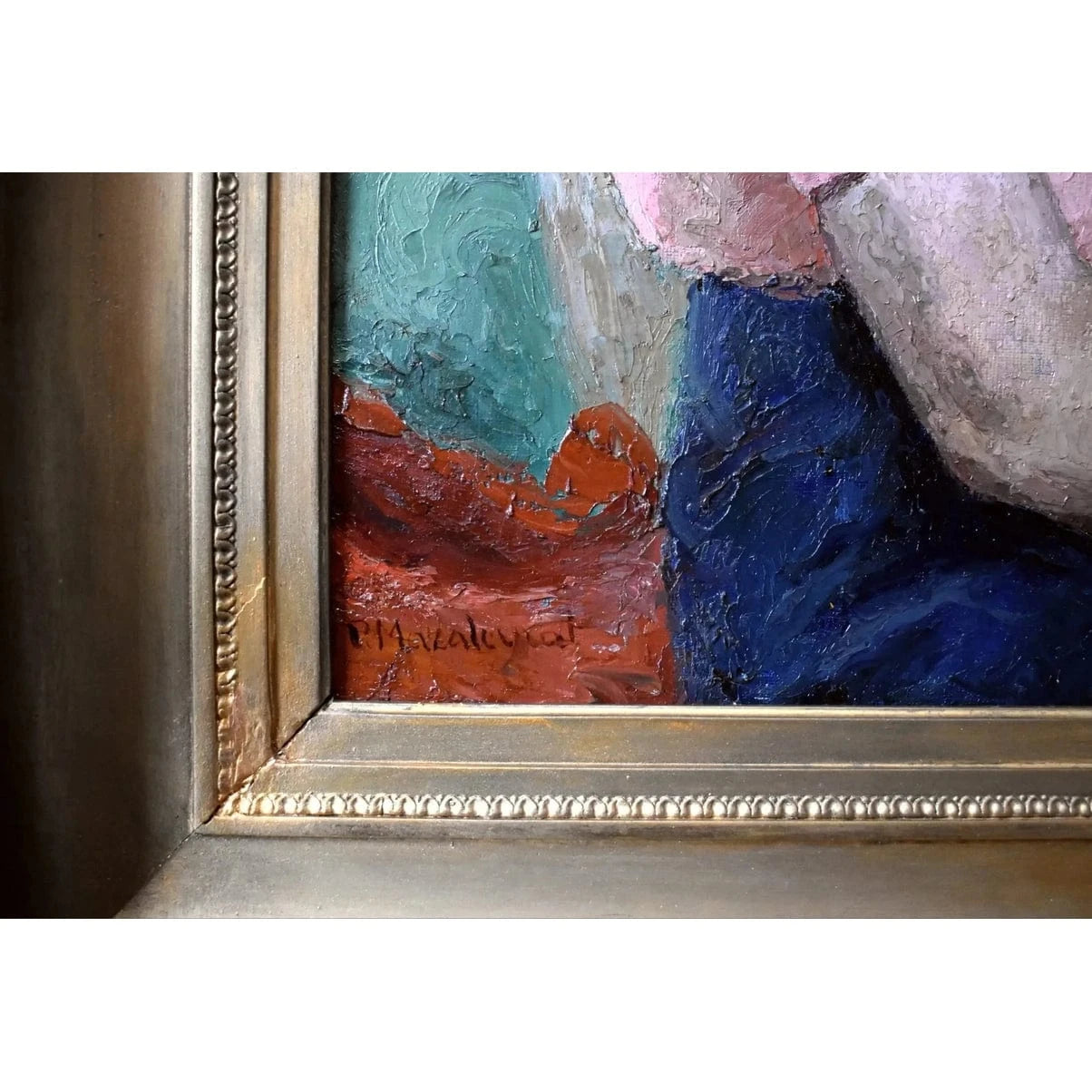Original oil portrait by French artist Pierre Mazaleyrat (1901-1961) depicting elegant woman in pink blouse, c.1930 with ornate 19th-century gilded frame.
