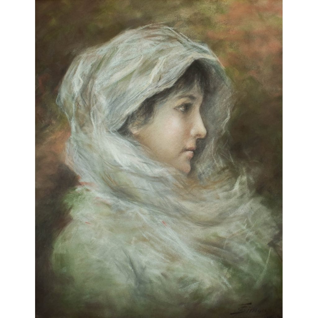 Antique pastel painting depicting a portrait of a woman wearing a veil, signed Simon, for sale at Winckelmann Gallery
