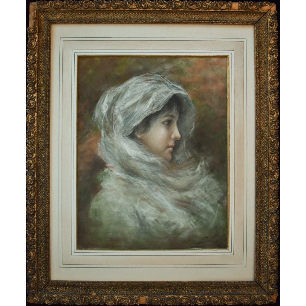 Antique pastel painting depicting a portrait of a woman wearing a veil, signed Simon, for sale at Winckelmann Gallery