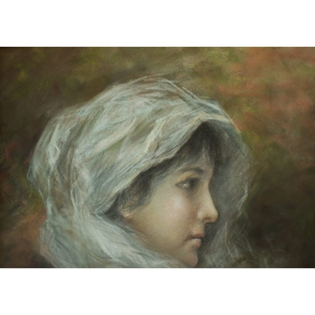 Antique pastel painting depicting a portrait of a woman wearing a veil, signed Simon, for sale at Winckelmann Gallery