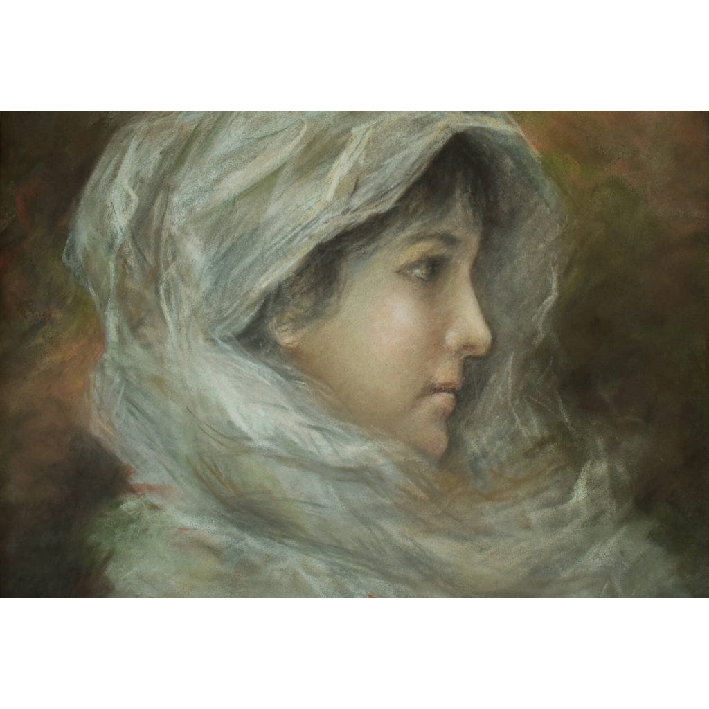Antique pastel painting depicting a portrait of a woman wearing a veil, signed Simon, for sale at Winckelmann Gallery