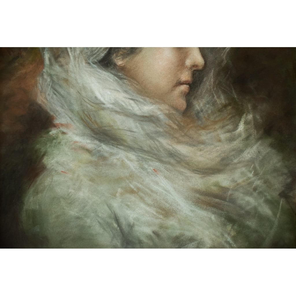 Antique pastel painting depicting a portrait of a woman wearing a veil, signed Simon, for sale at Winckelmann Gallery