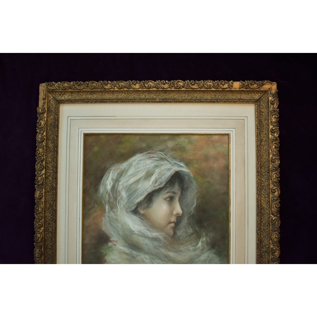Antique pastel painting depicting a portrait of a woman wearing a veil, signed Simon, for sale at Winckelmann Gallery