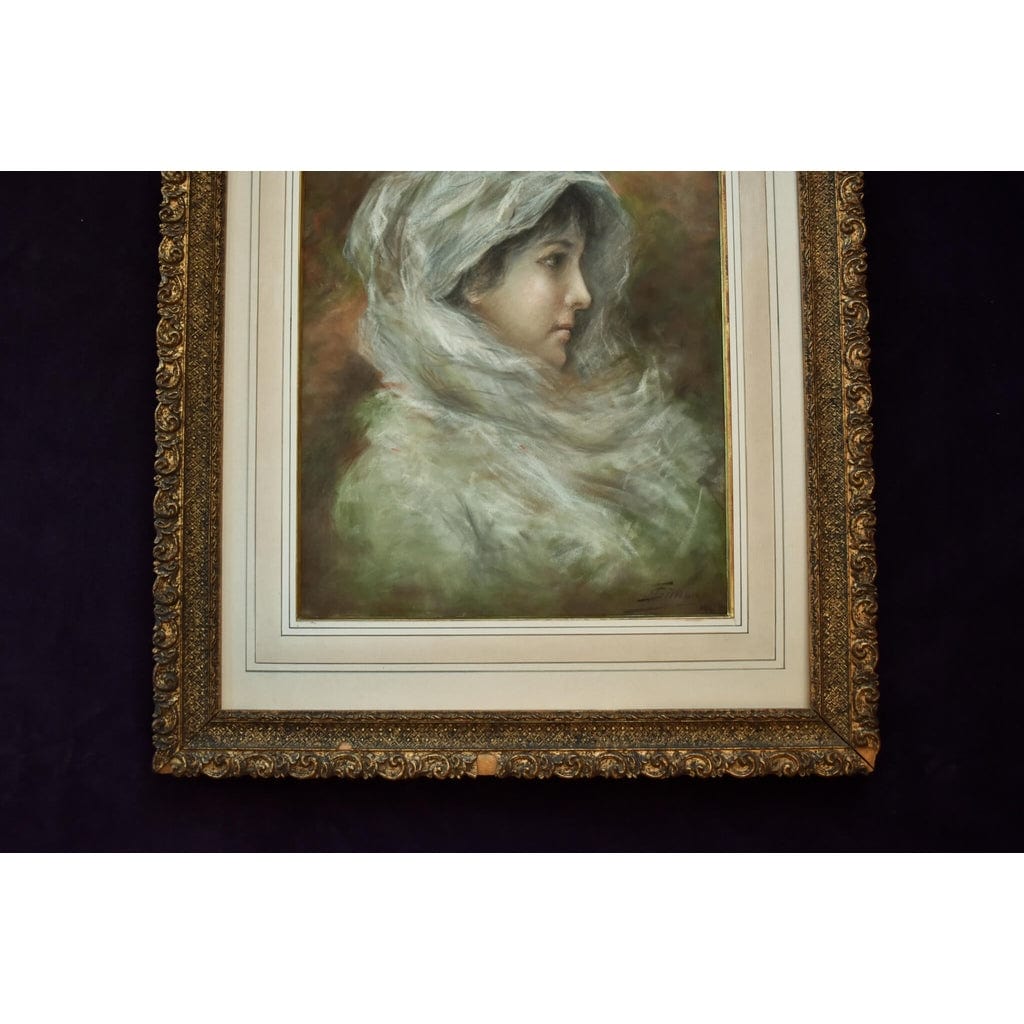 Antique pastel painting depicting a portrait of a woman wearing a veil, signed Simon, for sale at Winckelmann Gallery
