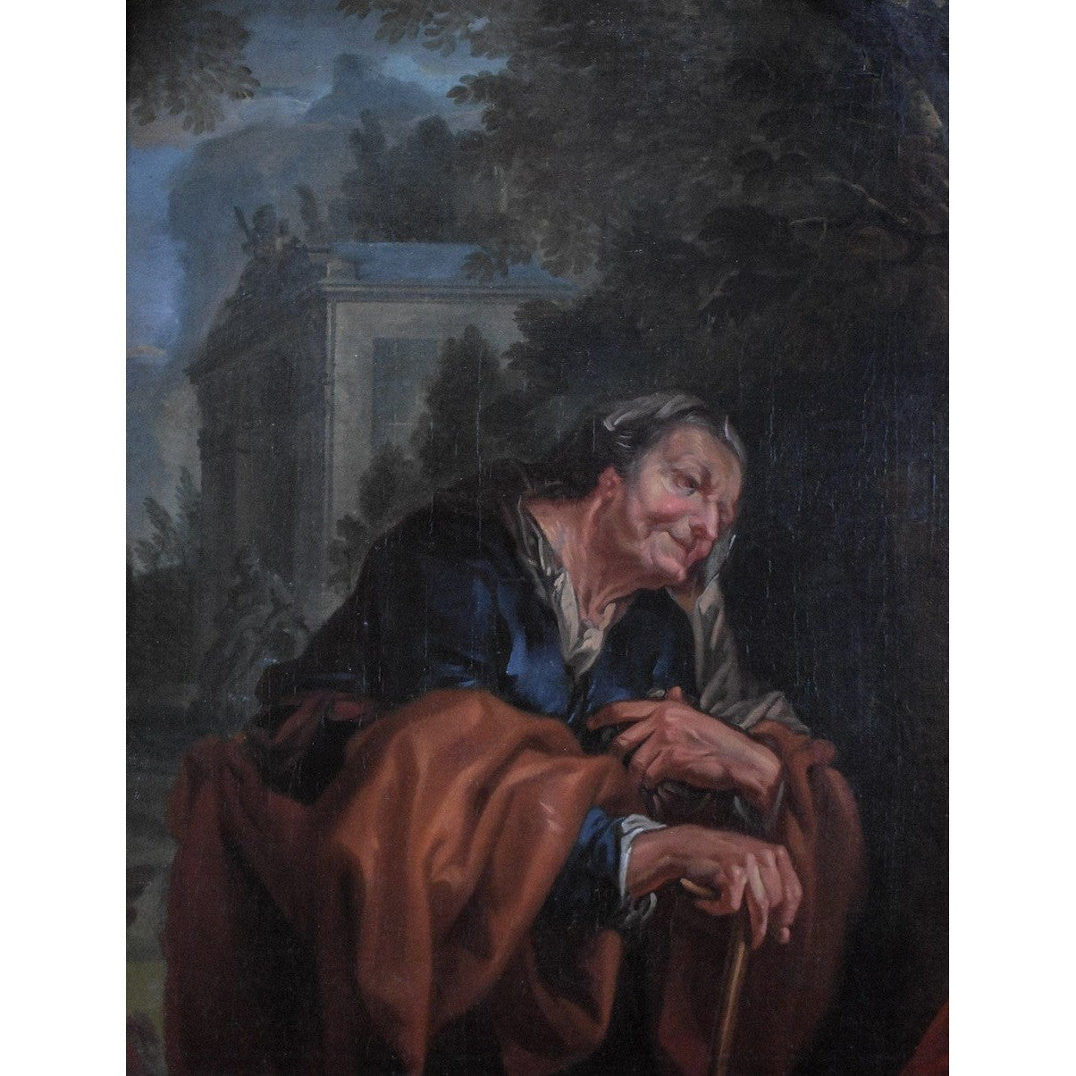 17th century German Baroque oil painting depicting Vertumnus as elderly woman representing winter allegory, school of Ottmar Elliger, 65x51cm on canvas