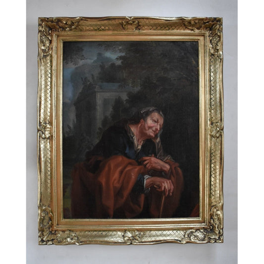 17th century German Baroque oil painting depicting Vertumnus as elderly woman representing winter allegory, school of Ottmar Elliger, 65x51cm on canvas