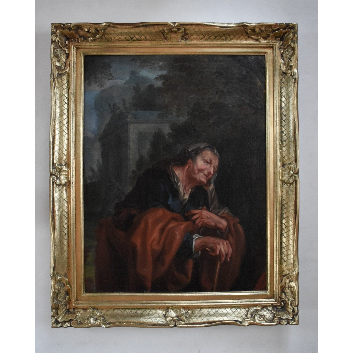 17th century German Baroque oil painting depicting Vertumnus as elderly woman representing winter allegory, school of Ottmar Elliger, 65x51cm on canvas